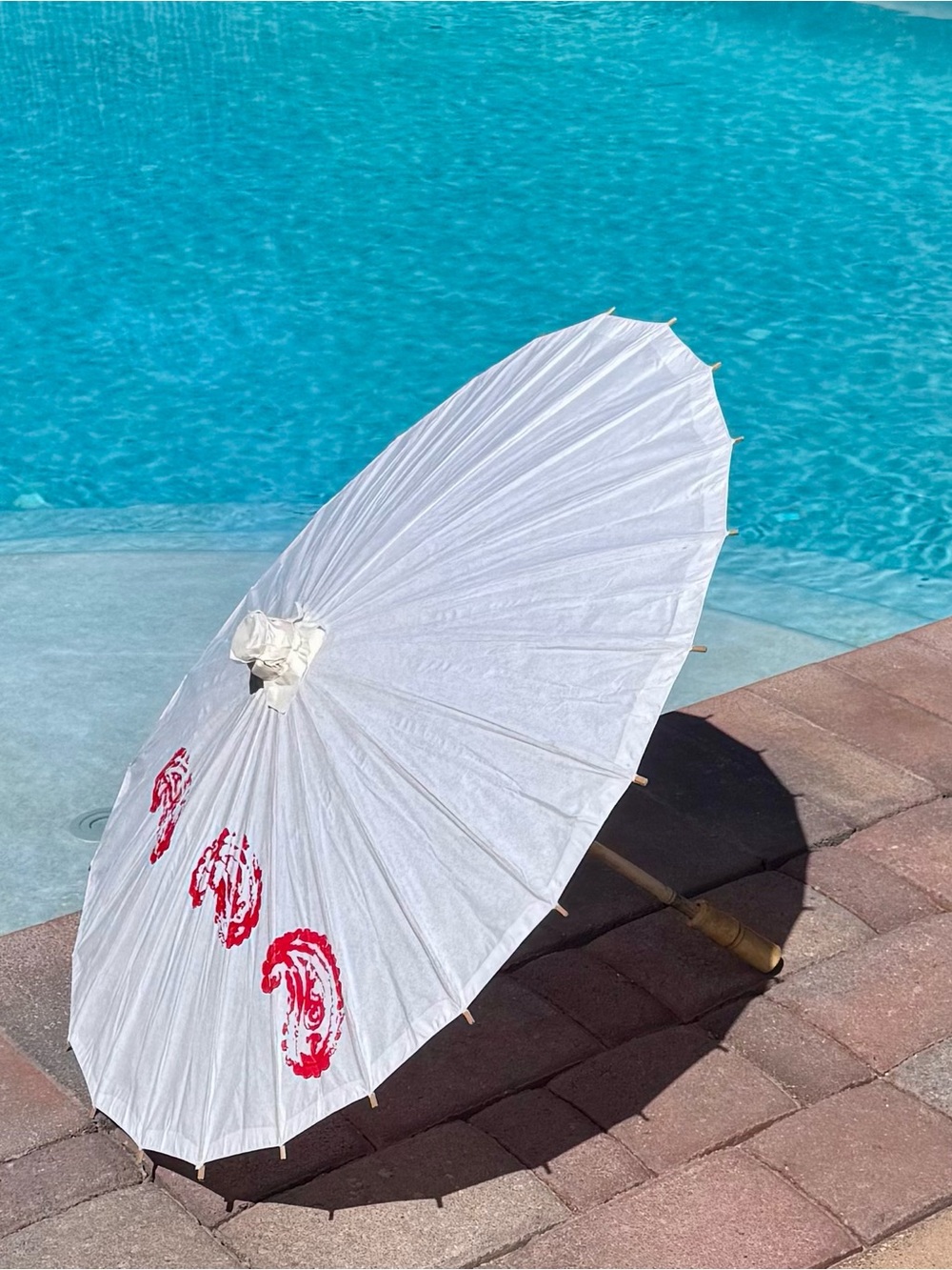 Asian Style Bamboo Paper Parasol Umbrella Red Floral Decorative 26”
